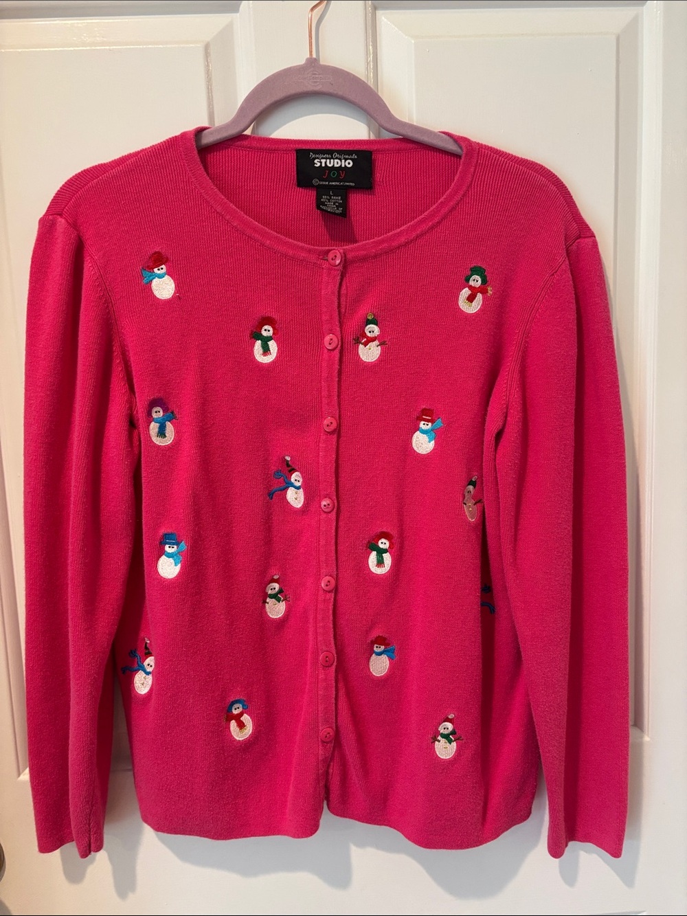 Designers Originals Studio Joy Pink Cardigan Ugly Tacky Sweater Snowman Size L